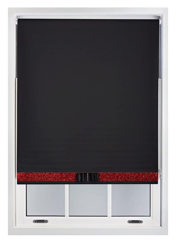 image 1 of FURNISHED Blackout Roller Blind with Red Glitter Trim and Black Bow Trimmable Window Shade | Black | Black 1 | (W) 205cm x (L) 210cm