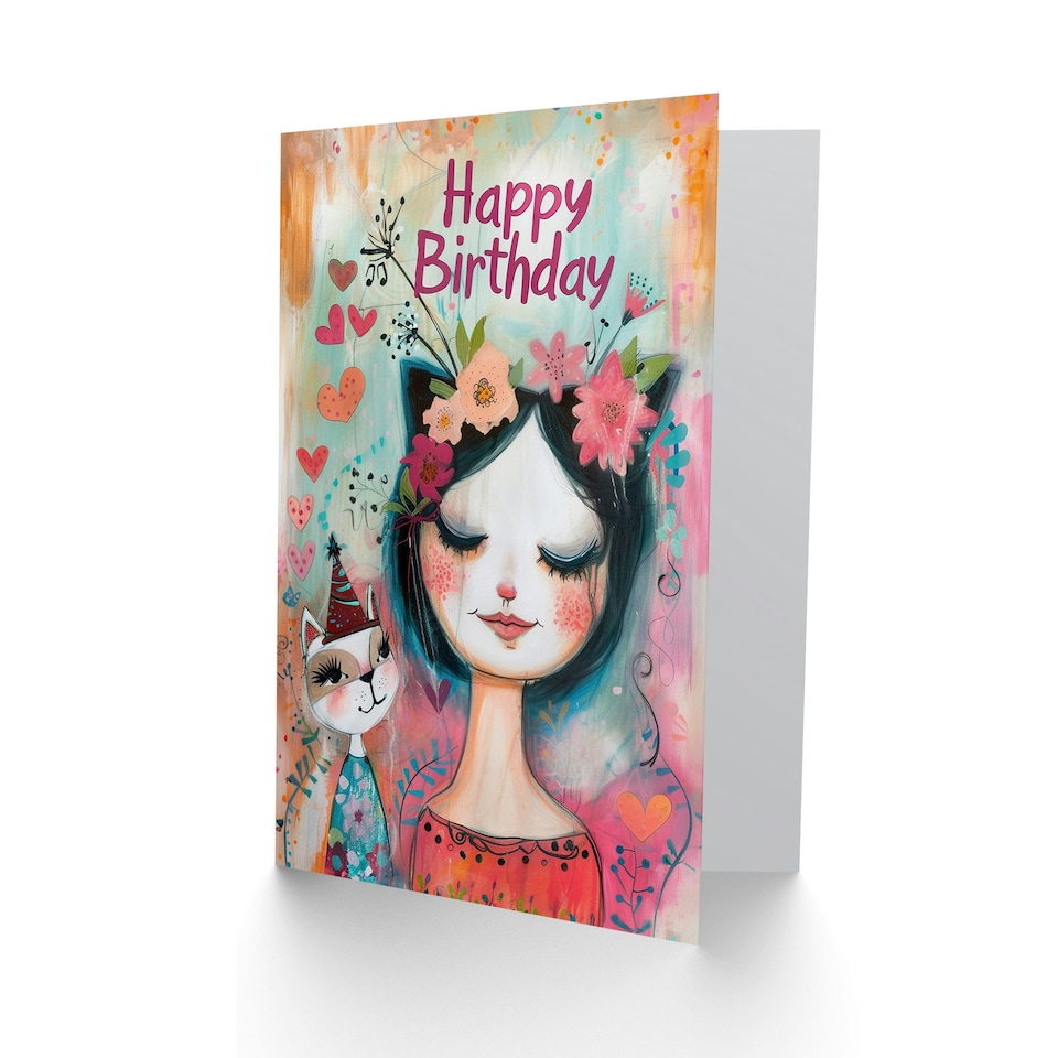 image 1 of Cat Lover Lady Party Hat Cute Floral Portrait Her Birthday Card