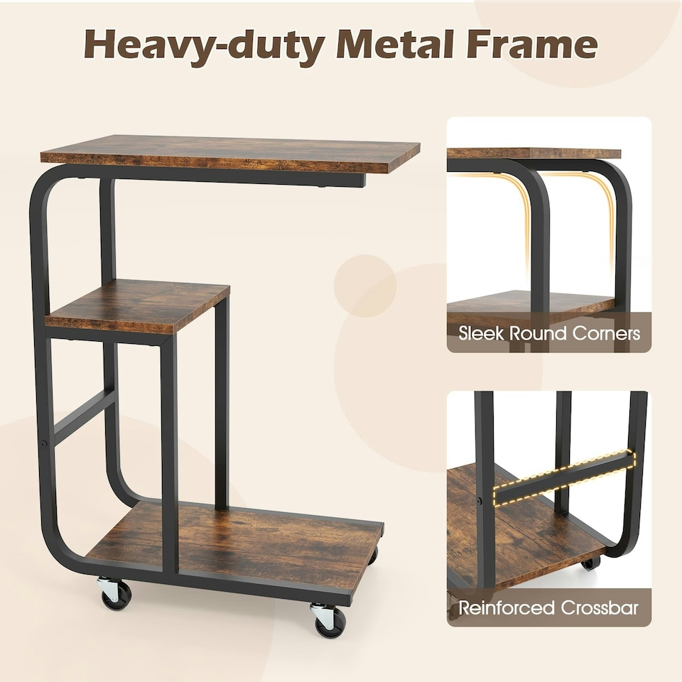 image 1 of COSTWAY Set of 2 C-shaped End Table Couch Table w/Shelves Brown