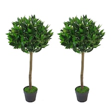 90cm Leaf Design UK Pair of Artificial Bay Topiary Ball Trees | Green | 3ft