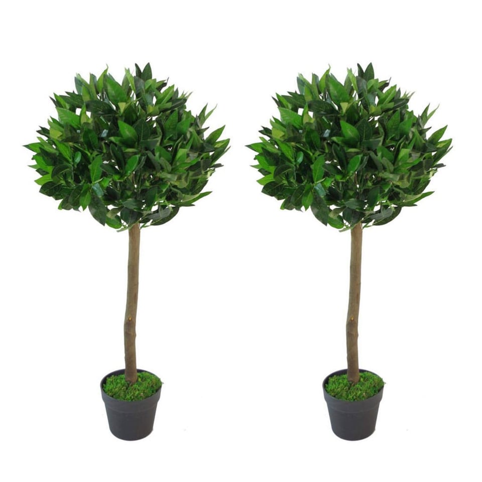 90cm Leaf Design UK Pair of Artificial Bay Topiary Ball Trees | Green | 3ft