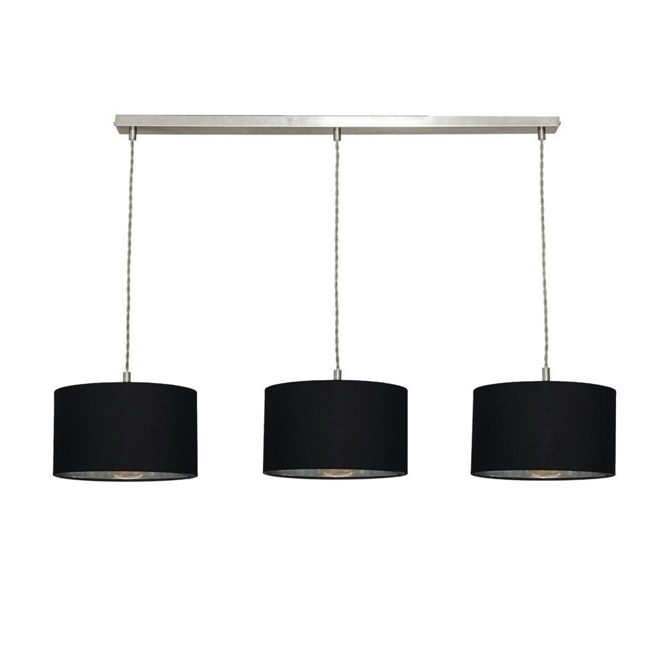 image 1 of ValueLights Reni Black & Chrome Drum Shade 3 Drop Bar Chrome Diner Ceiling Pendant Light Silver