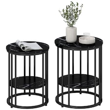 HOMCOM Round Coffee Table Set of 2, Marble-Effect Side Tables with Storage Open Shelf and Steel Frame for Living Room, Bedroom, Black Marble Effect