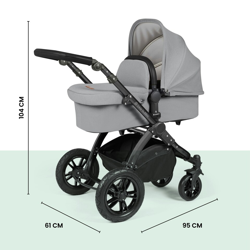 image 1 of Stomp Luxe 12pc Travel System with Cirrus i-Size Car Seat & ISOFIX Base, Carrycot, Reversible Seat, Rain Cover & More (Black/Pearl Grey/Black)