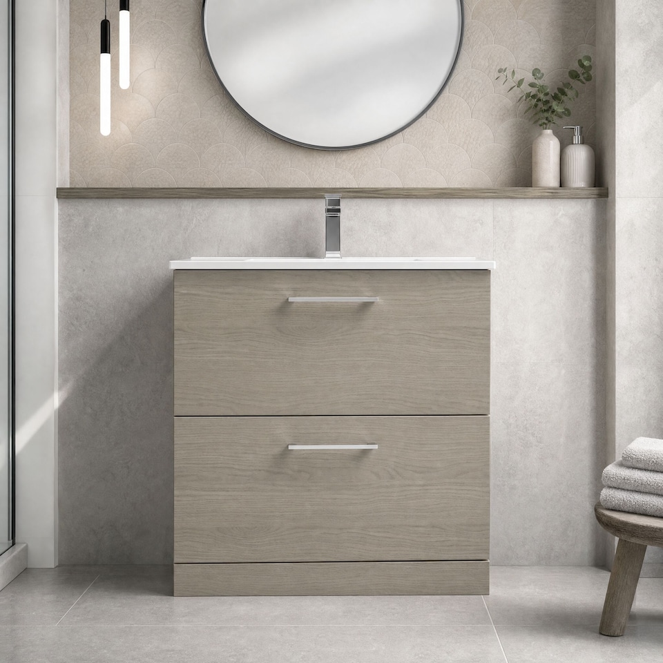 image 1 of Balterley Contemporary Bathroom 2 Soft Close Drawer & Minimalist Floor Standing Vanity Unit Basin | Brown | Solace Oak | 815 x 800 x 390mm