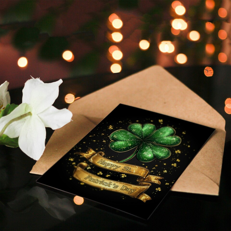 image 1 of St. Patrick's Day Card Golden Four Leaf Clover Blank Greeting Card