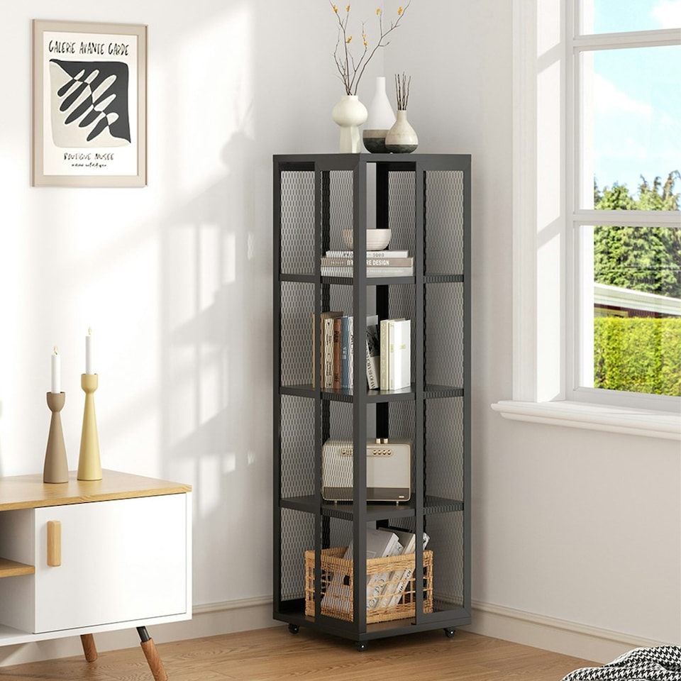 image 1 of Living and Home Black Steel 4-Tier Bookcase Files Storage Rack - Black 40* 40*138.5cm | Black