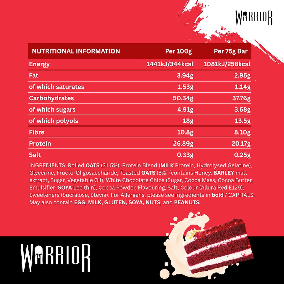 image 1 of Warrior RAW Protein Bars 12 x 75g – 20g High Protein Bar, Low Sugar High Fibre Oat Protein Flapjack – Protein Snacks, Meal Replacement Bars (Red Velvet Cake)