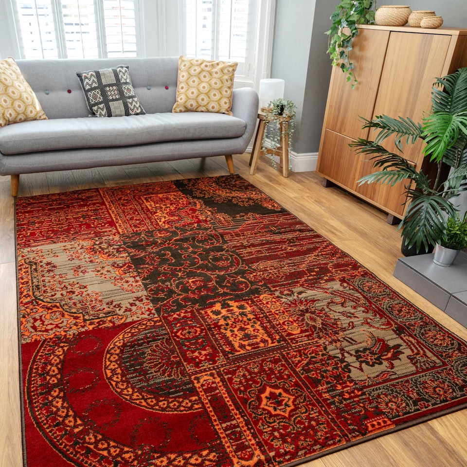 image 1 of KUKOON Red Brown Traditional Patchwork Living Area Rug 120cm x 170cm