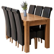 Kuba 180 x 90 cm Chunky Oak Dining Table and 6 Montana Leather Chairs | Black | Black