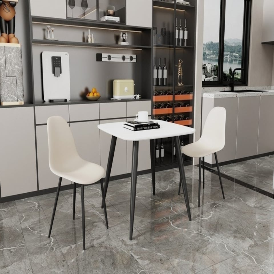 image 1 of Aspen Tapered Legs Square Dining Table and 2 Curve Plastic Seat Chairs with Metal Legs - Calico/White/Black - Flat Packed White