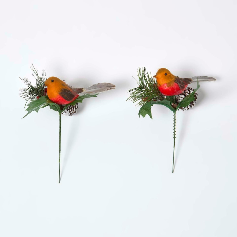 image 1 of Homescapes Set of 2 Artificial Robin and Foliage Picks, 18 cm