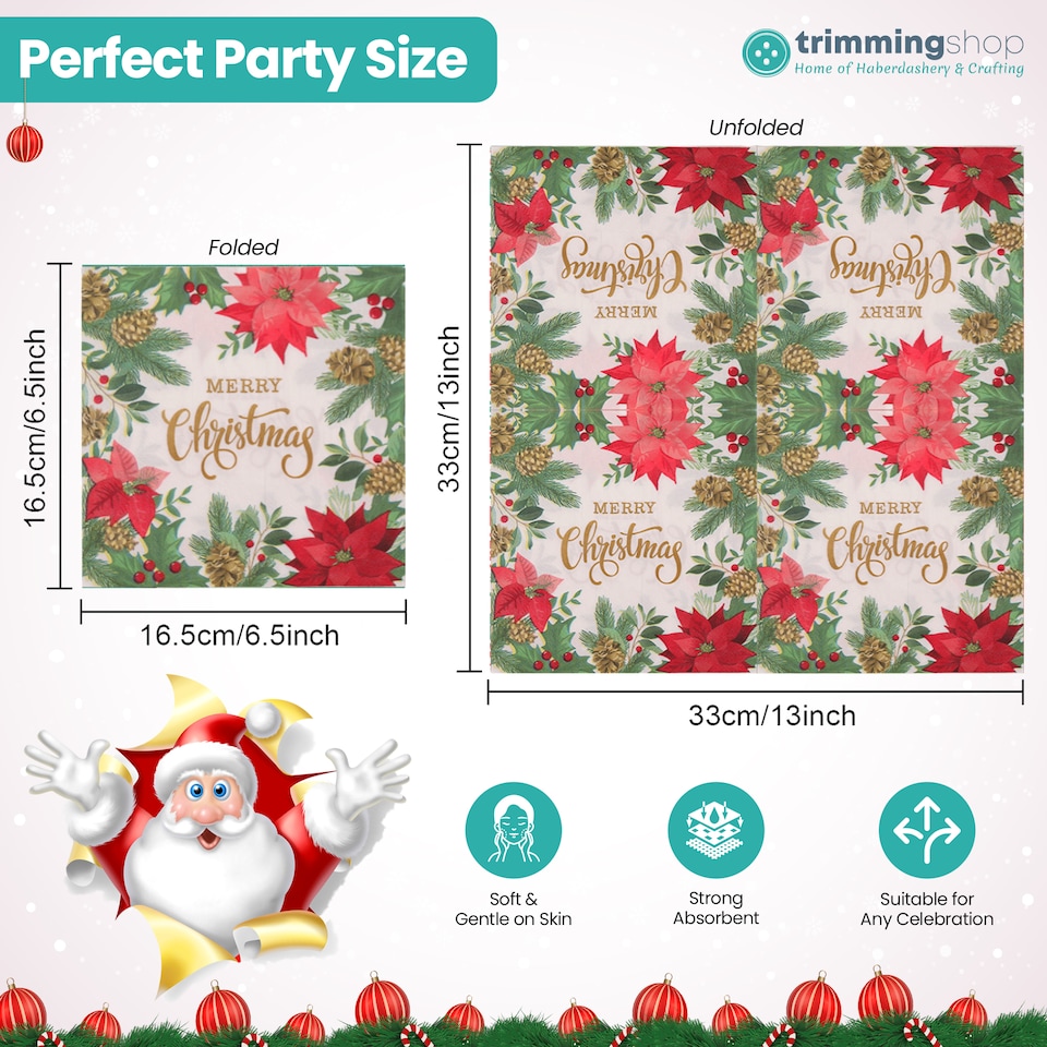 image 1 of Trimming Shop 33 x 33cm Poinsettia Leaf  2 Ply Holiday Serviettes - 20pcs