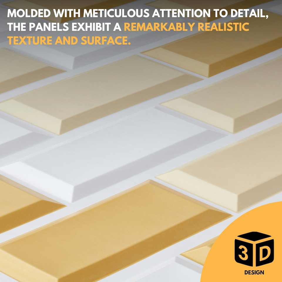 image 1 of NOVECRAFTO 3D Wall Panels – 6 PVC Sheets, Covers 2.76 sqm (29.76 sq ft), 96x48cm Each – White Subway Tile Pattern with Gold and Beige Accents