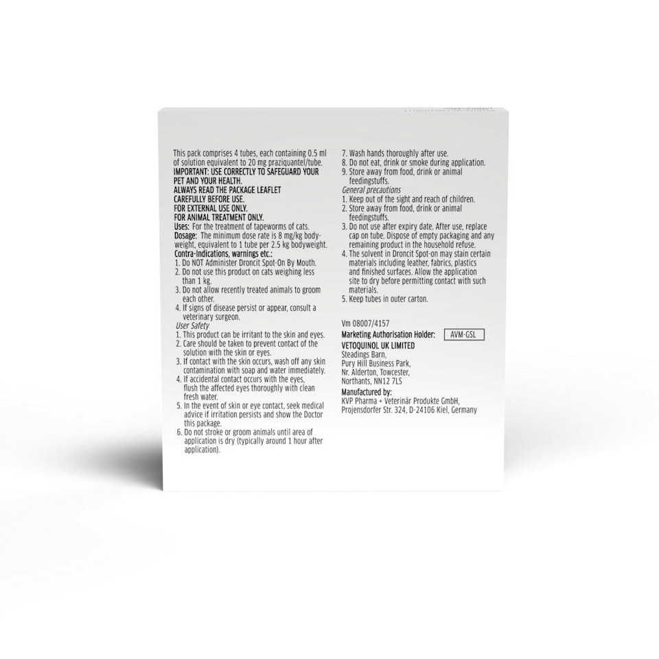image 1 of Droncit Spot-On Tapewormer for Cats (from 1kg), 4 tubes