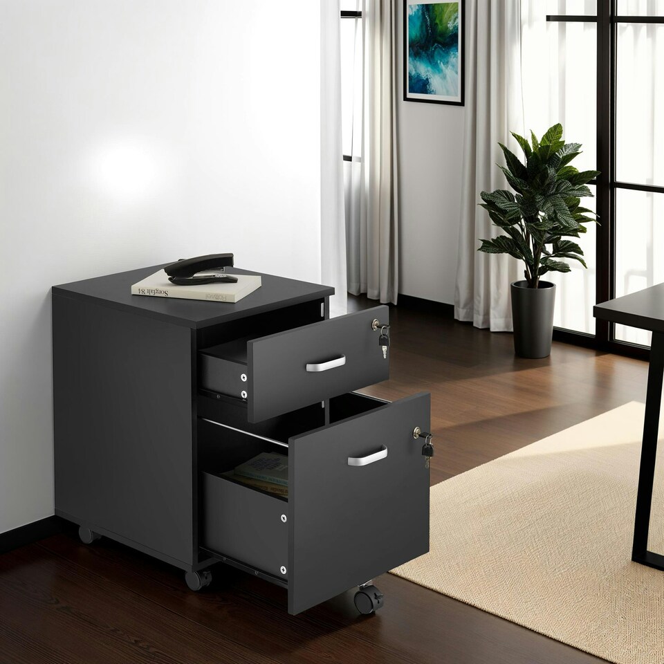 image 1 of Filing Cabinet - 2 rolling, lockable drawers, fits A4 documents Black