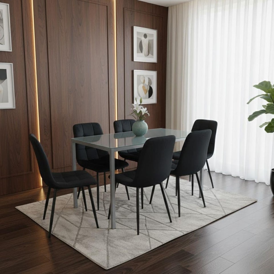 image 1 of Grey Glass Dining Table with 6 Black Velvet Chairs Set Kitchen Dining Room Furniture