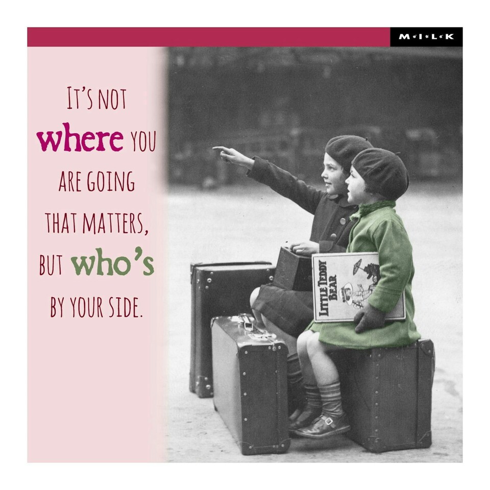 M.I.L.K Greetings Card Two Girls Sitting On Suitcases