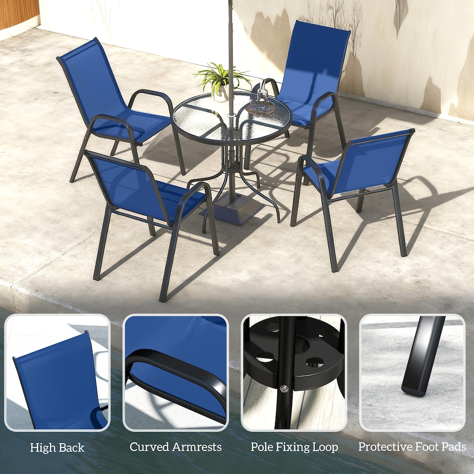 image 1 of Outsunny 5 PCs Garden Furniture Set, Round Table and Stackable Chairs, Blue | Blue | Dark Blue | Table: 80x71 cm; Chair: 54x71x93 cm