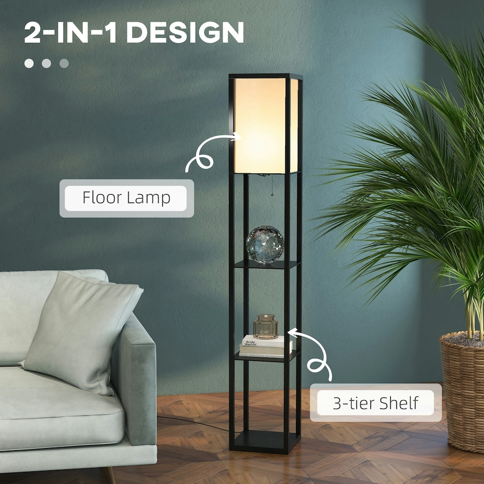 image 1 of HOMCOM Floor Lamp Reading Lamp with 3-Tier Storage Shelf for Home Office, Black