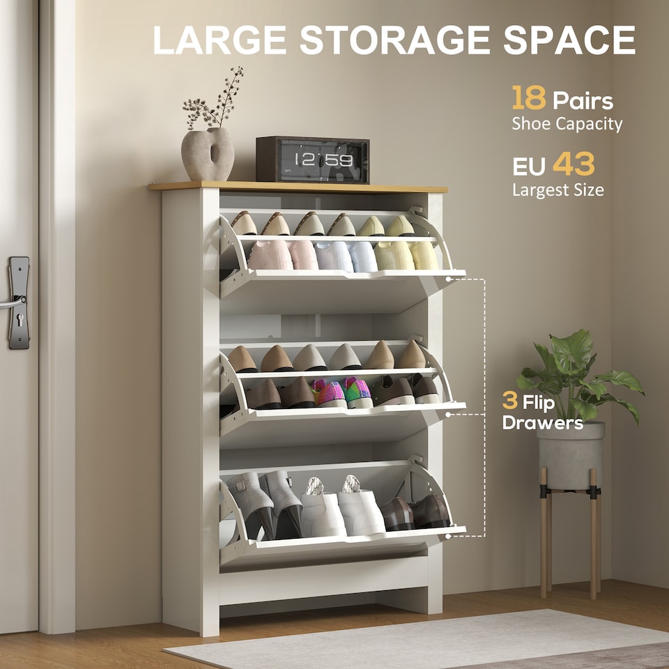 image 1 of HOMCOM 18-Shoe Storage Cabinet 6 Shelves 3 Drawers Tabletop High Gloss White | White | Oak | 1