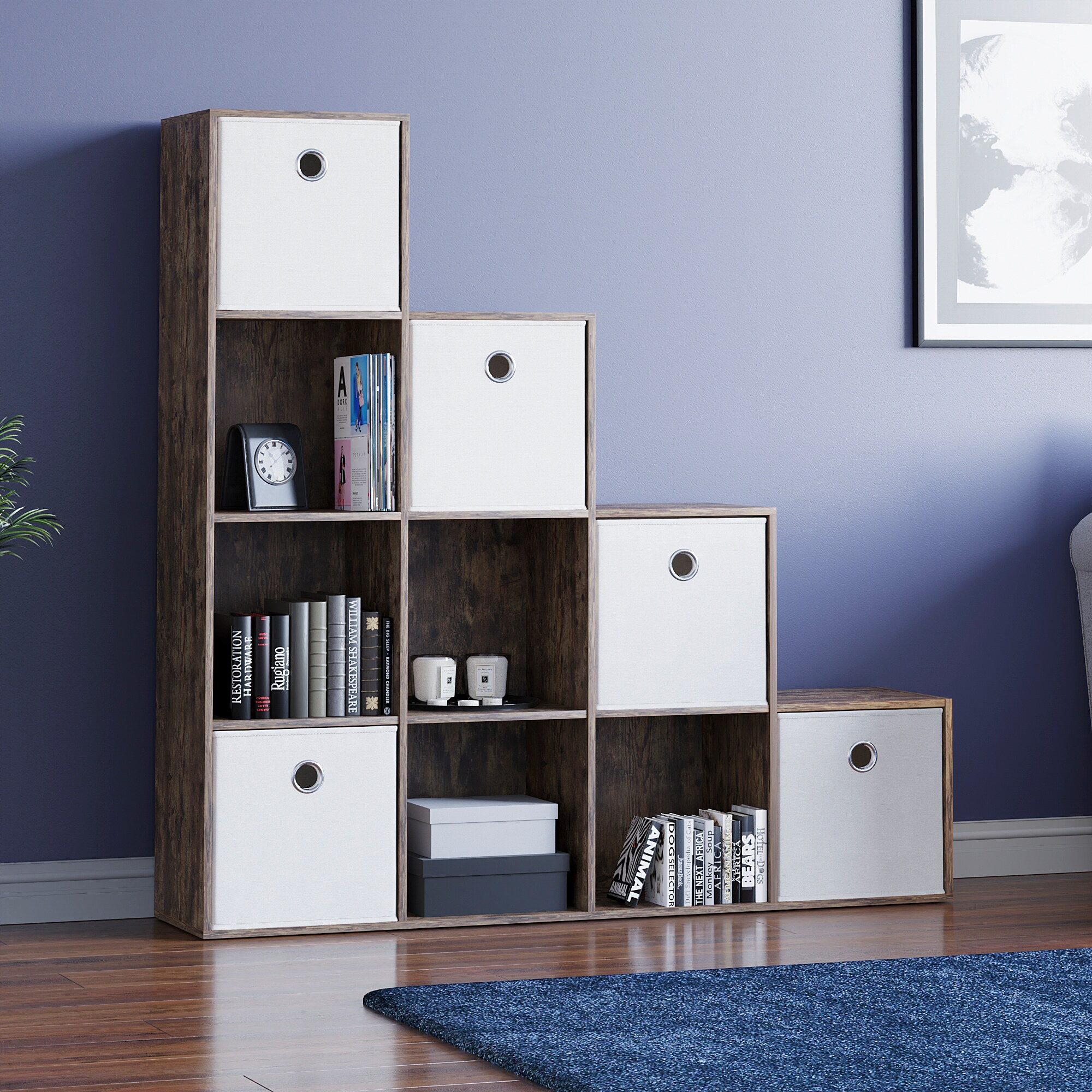 Vida Designs Durham Dark Brown 10 Cube Storage Bookcase Display Unit with Set of 5 White Cube Storage Baskets