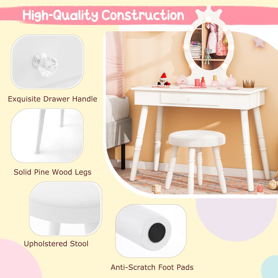 image 1 of COSTWAY Princess Vanity Table & Chair Set Kids Set White
