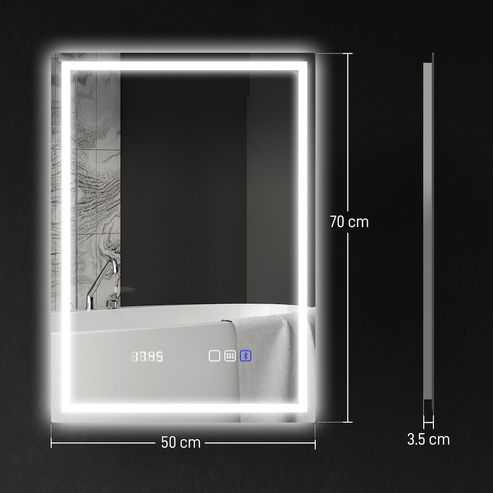 image 1 of HOMCOM 500 x 700 mm Bluetooth LED Bathroom Mirror, Illuminated Backlit Vanity Mirror with 3 Colours Dimmable, Clock, Anti-Fog, Memory Function, Touch Sensor, IP44 | Silver