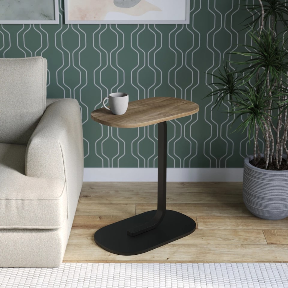 image 1 of C Shaped Oval Side End Wood & Metal Table Bedside Couch Sofa Living Room Bedroom | Multi | Oak