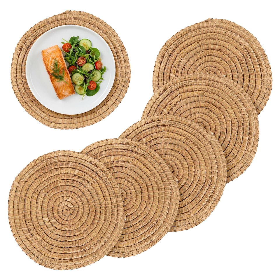 image 1 of Argon Tableware 30cm Round Placemats - Set of 6 - Woven Palm Leaf Serving Dish Trays Cake Boards Table Protector Mats | Brown | Brown | One Size | 6