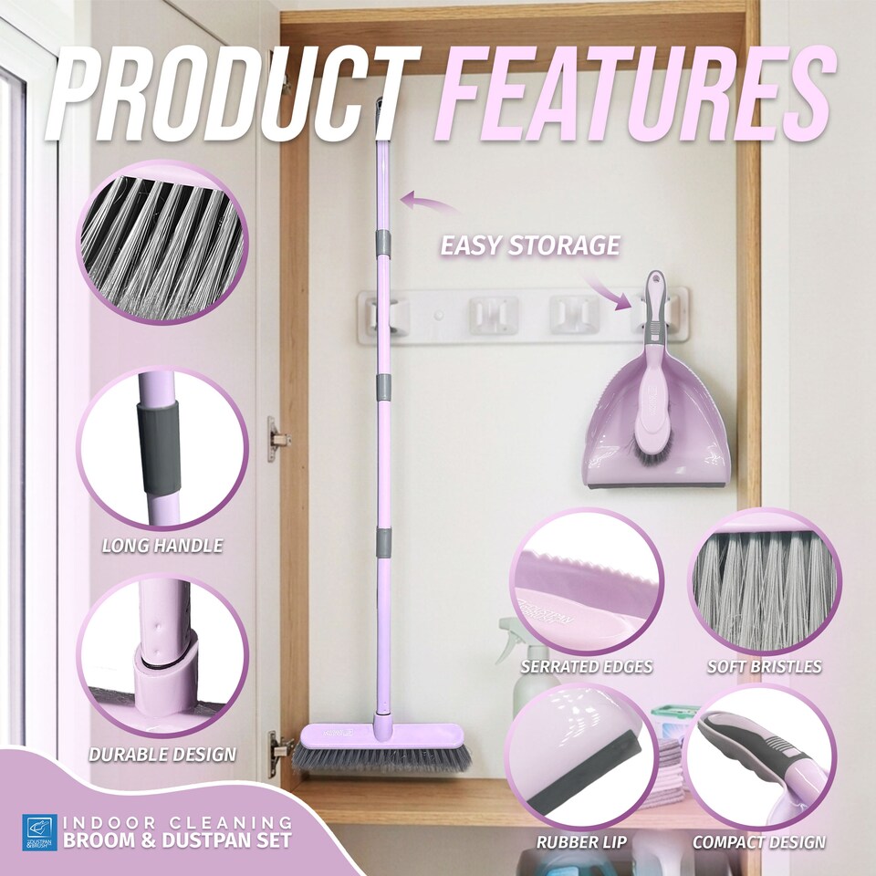 image 1 of 2-in-1 Indoor Sweeping Broom & Dustpan Set Ergonomic Floor Cleaning Kit | Multi | Lilac