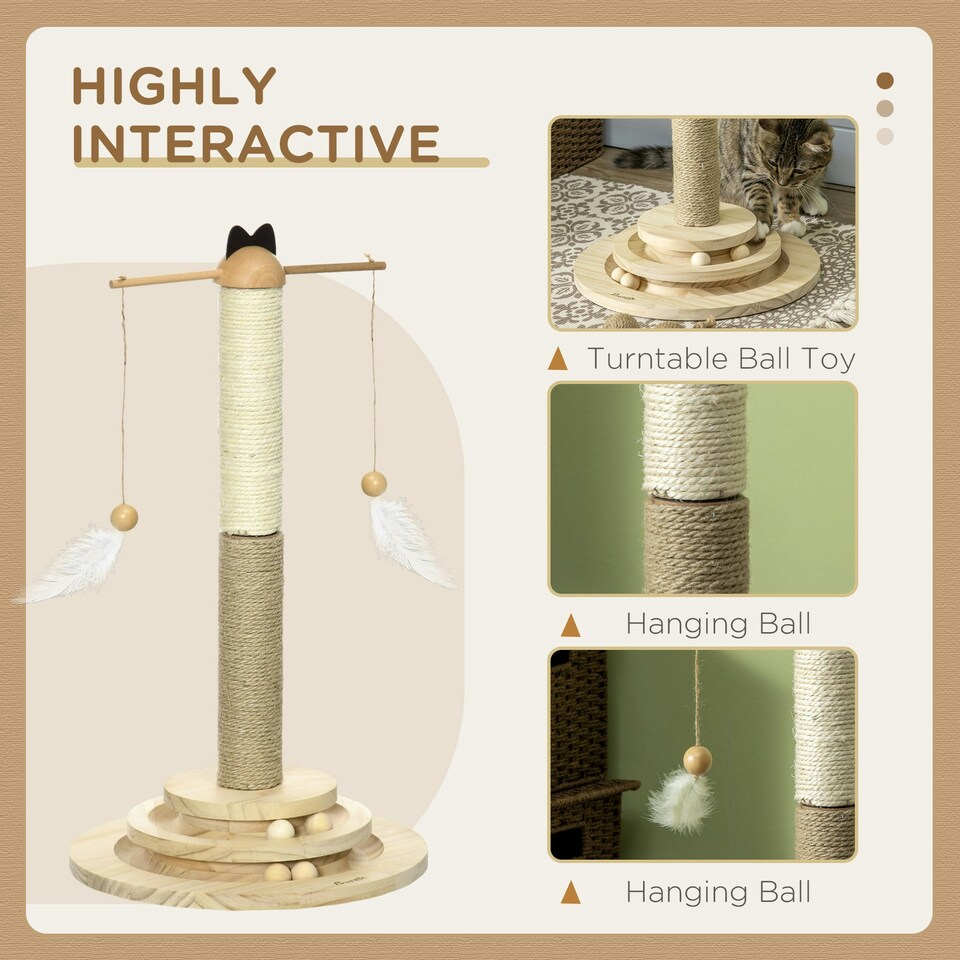 image 1 of PawHut Cat Tree Scratching Post with Interactive Toy Ball Jute Sisal Wood