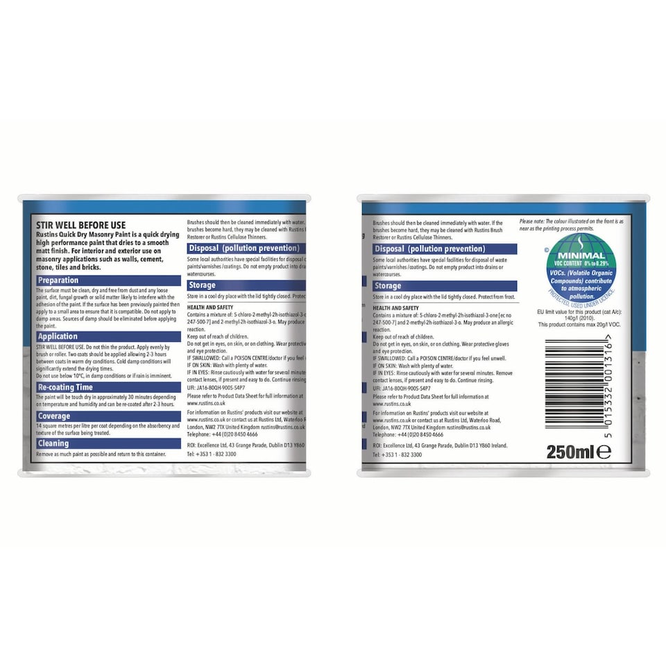 image 1 of Rustins Quick Dry Masonry Paint Matt White 250ml