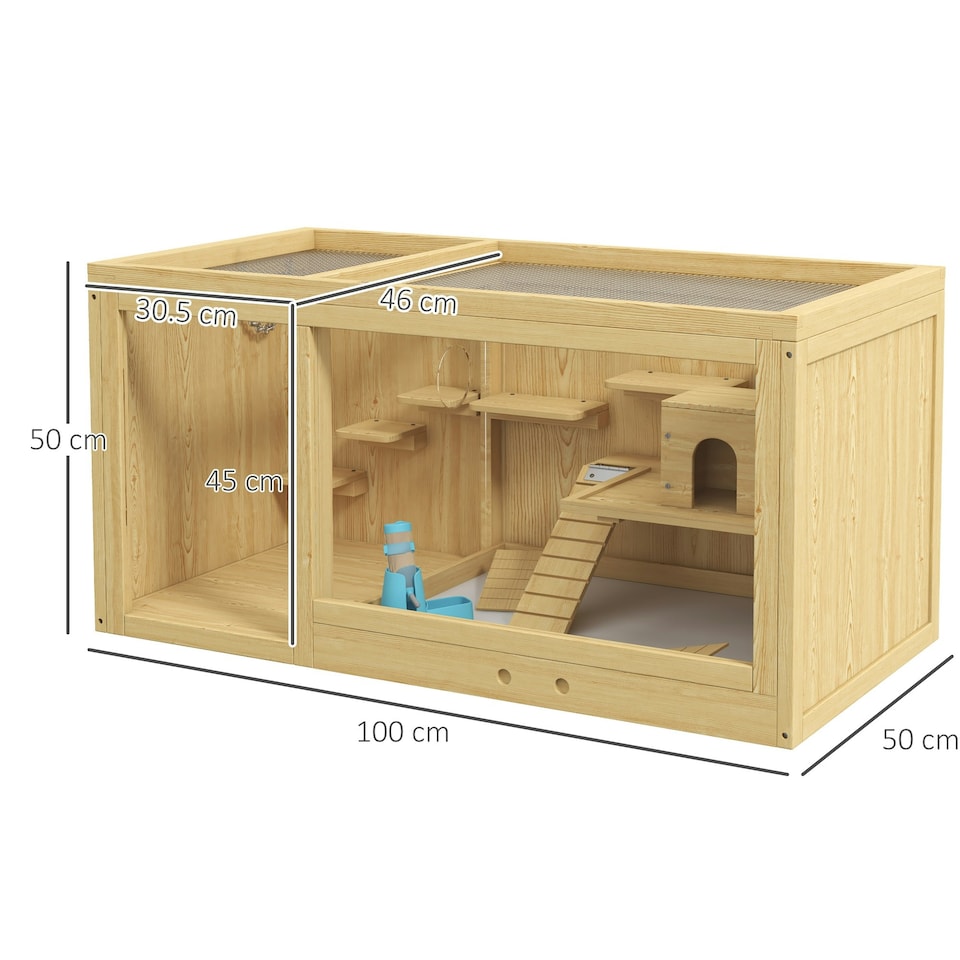 image 1 of PawHut Wooden Hamster Cage with Water Bottle, Platforms, Openable Roof