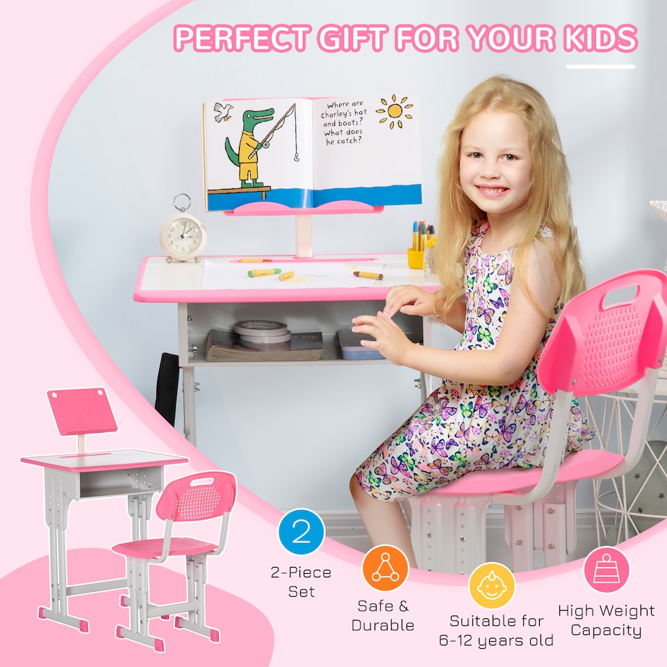 image 1 of HOMCOM Kids Desk and Chair Set Adjustable Height Study Table Set w Drawer | Pink