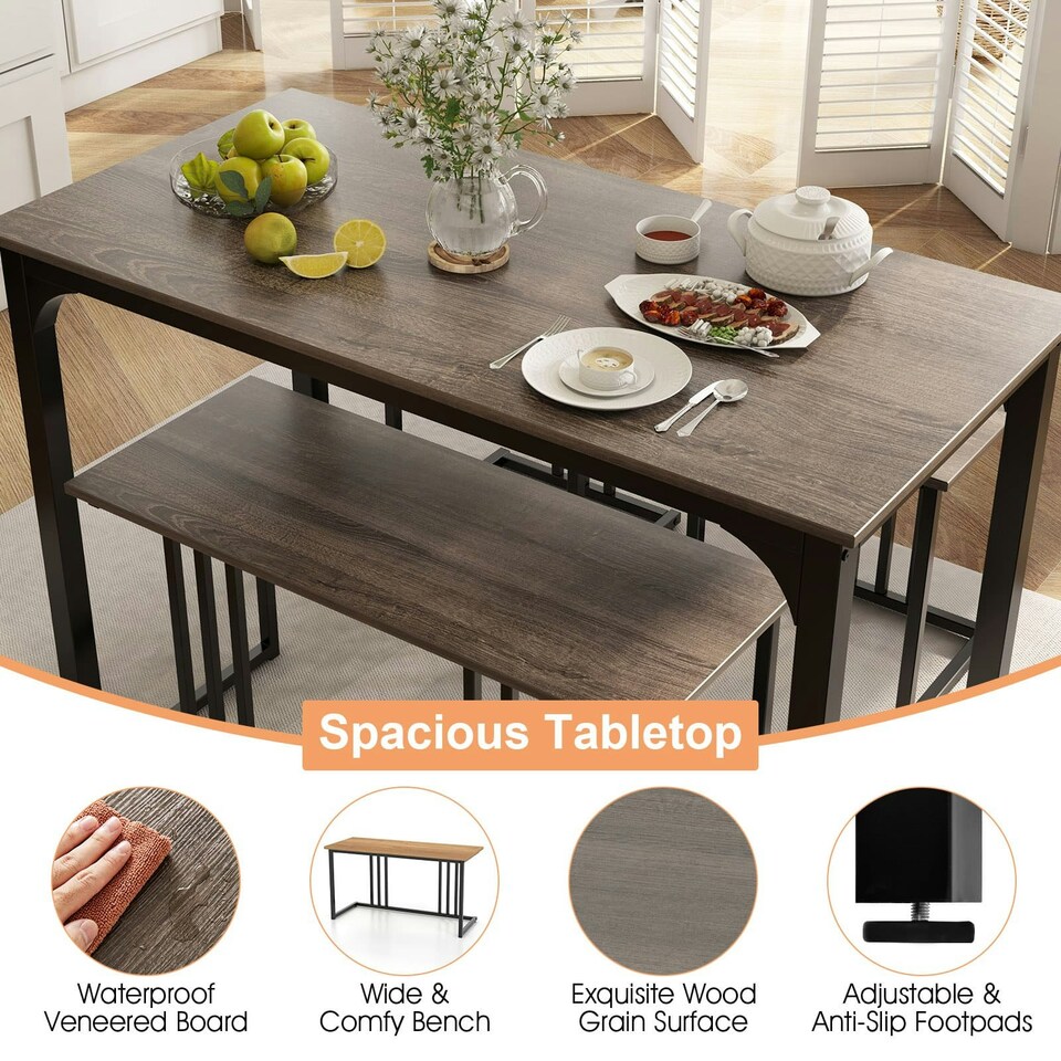 image 1 of COSTWAY 4-Piece Dining Table Set W/ Bench & 2 Stools Grey