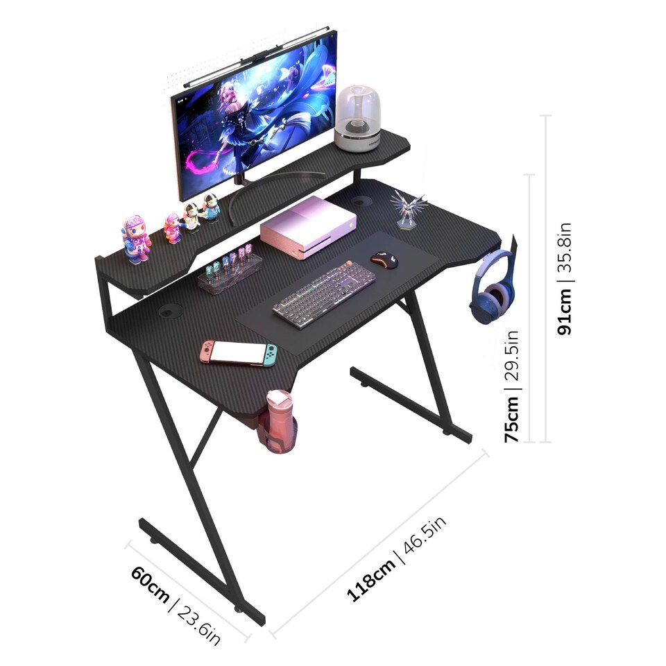image 1 of House of Home Gaming Desk with Monitor Stand Carbon Fibre Top Black 118cm | Black | 1