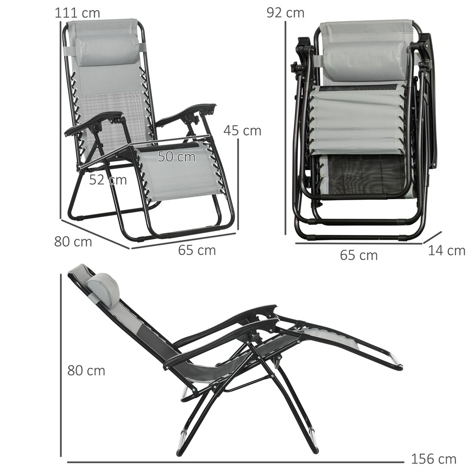 image 1 of Outsunny Garden Recliner Chairs Set of 2, Outdoor Foldable Zero Gravity Chairs Set with Footstool and Detachable Headrest, Grey