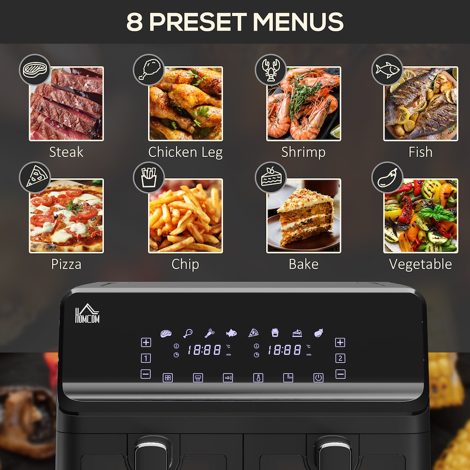 image 1 of HOMCOM 8L Dual Basket Air Fryer, 8-in-1 Air Fryer Oven with Digital Display, Visible, Timer, Preheat for Oil Free Low Fat Cooking, 2500W, Sync Finish, Sliver