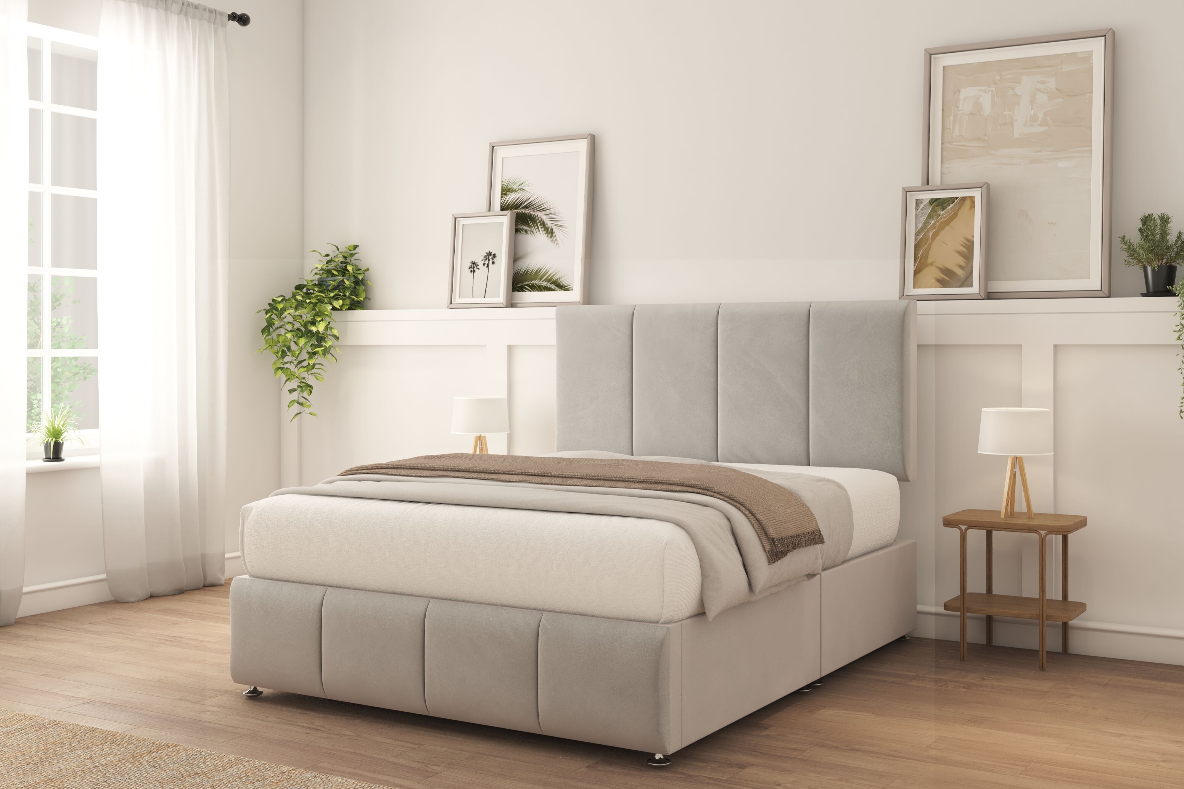 Sloomy Lisbon Silver Plush Divan Bed With Mattress No Drawers 26" Strutted Headboard & 12" Footboard 6' Super King