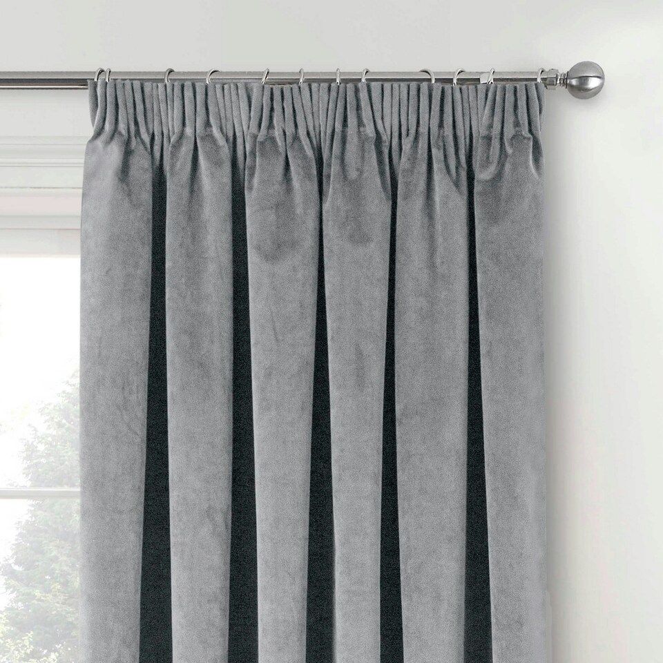 image 1 of Oxford Grey Velvet Curtains 90 x 90 inch (229 x 229 cm) 100% Blackout Pencil Pleat Thermal Noise Reducing Curtains for Bedroom and Living Room