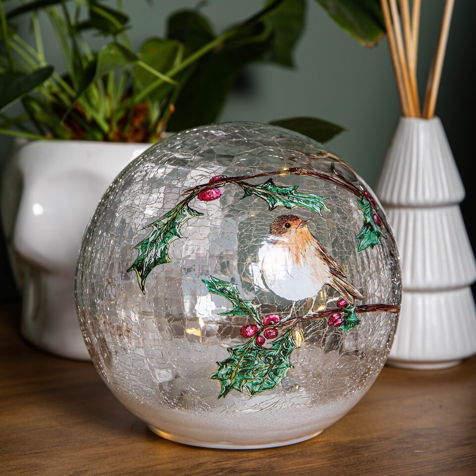 image 1 of 15cm Battery Operated Light up Robin Crackle Glass Ball with 12 Warm White LEDs
