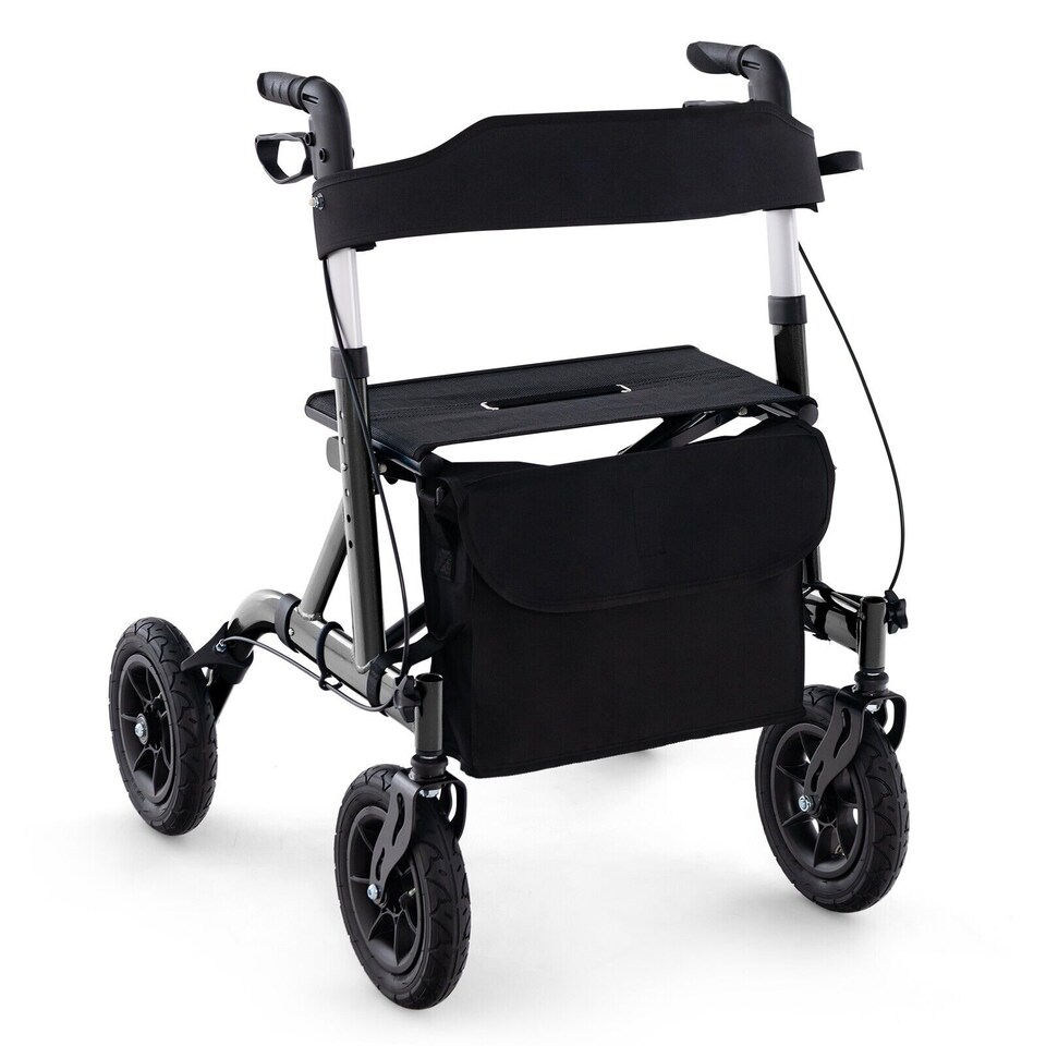 image 1 of COSTWAY Height Adjustable Foldable Rolling Walker with Seat Black