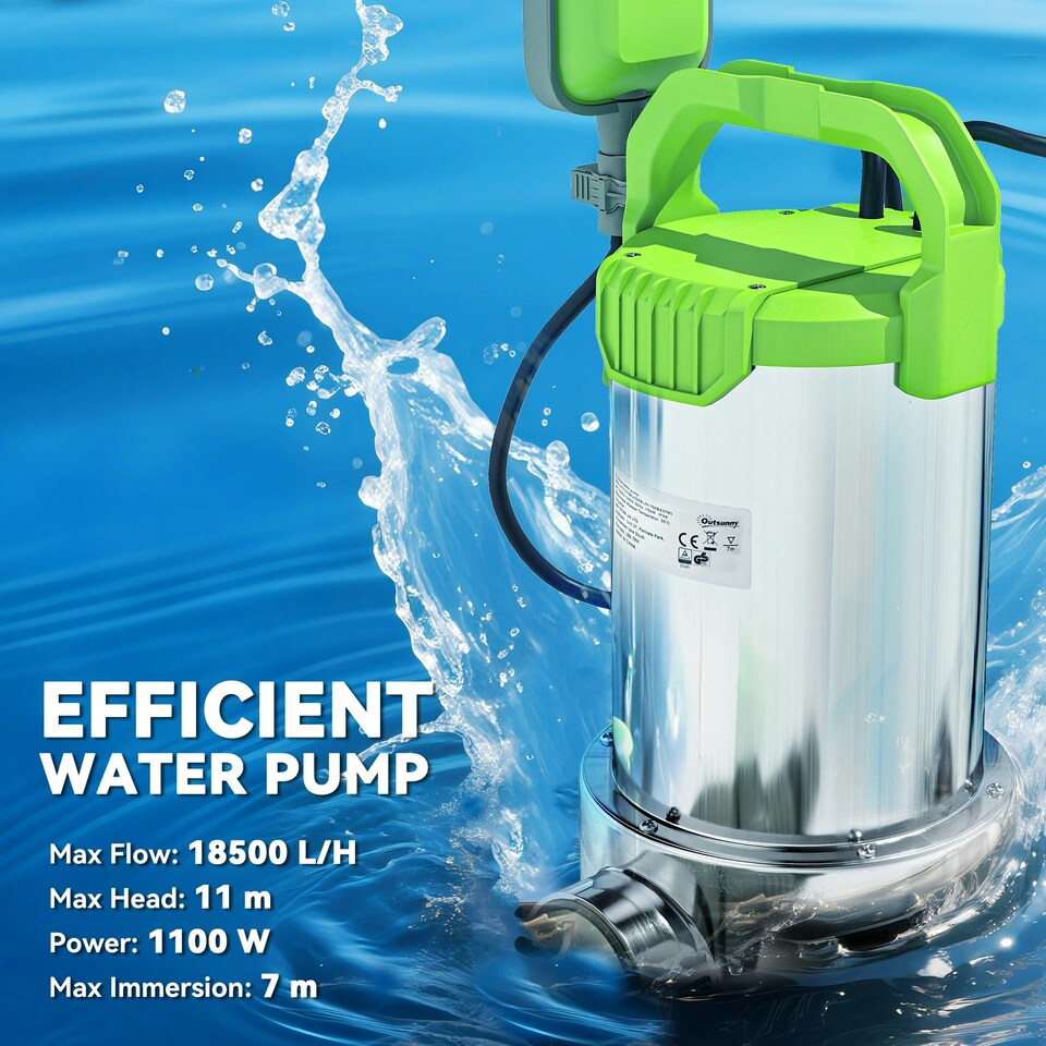 image 1 of Outsunny 1100W Water Pump with Float Switch, 18500L/H Electric Sump Pump | Green