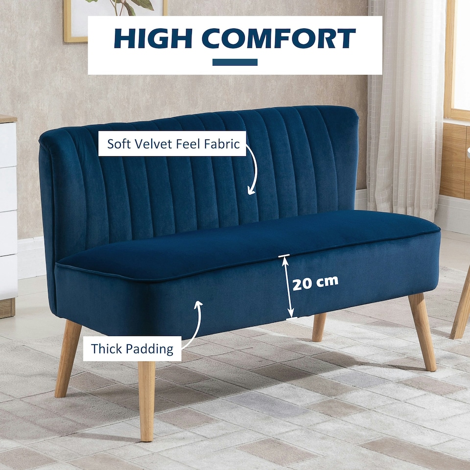 image 1 of HOMCOM Velvet-Feel Double Sofa w/ Wood Frame Foam Padding High Back, Blue