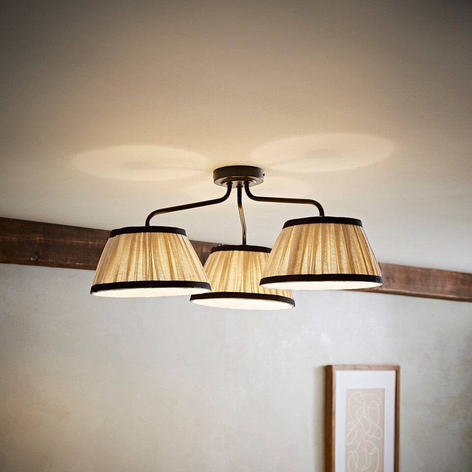 image 1 of ValueLights Clara Black 3 Arm Ceiling Light with Pleated Shades | Black
