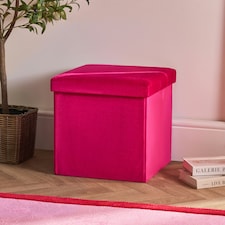 OHS Matte Velvet Soft Foldable Cube Footstool Seat Storage Organiser Ottoman Pink | Bright Pink