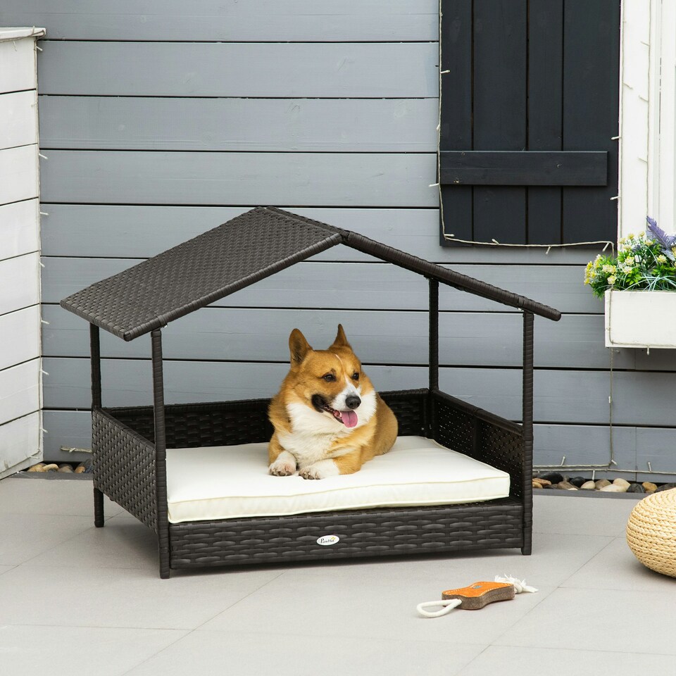 image 1 of PawHut Wicker Dog House, Rattan Pet Bed with Soft Cushion, Cat Basket - Cream