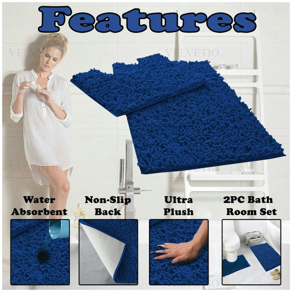 image 1 of VELVETIO Loop Bath Set Anti Slip Water Absorbent Soft Bathroom Rugs Blue | Royal Blue