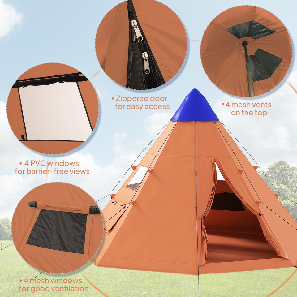 image 1 of Outsunny 6-7 Person Large Family Party Camping Tent with Carrying Bag | Orange | Orange